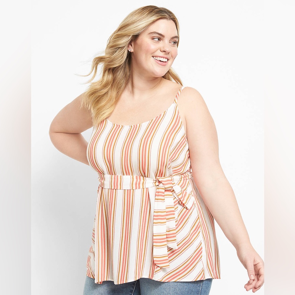 Lane Bryant Coral Pink White Striped Belted Cami Tank Top 100% Rayon Flowy 18